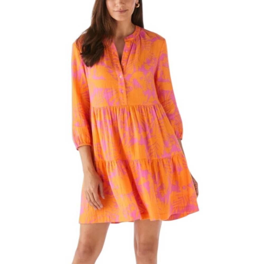 ELLA Rafaella Tiered Cotton Gauze Short Tropical Dress Strawberry Moon Size 2X